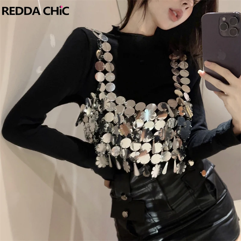 

ReddaChic Sparkly Sequin Cropped Top Women Punk Music Festival Hollow Body Chain Vest Disc Decor Sleeveless Smocked Tank Top