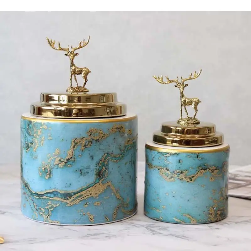 

Gilded Marble Texture Storage Jars Decorative Deer Candy Jars and Lids Ceramic Painted Jewelry Cosmetic Containers Home Decor