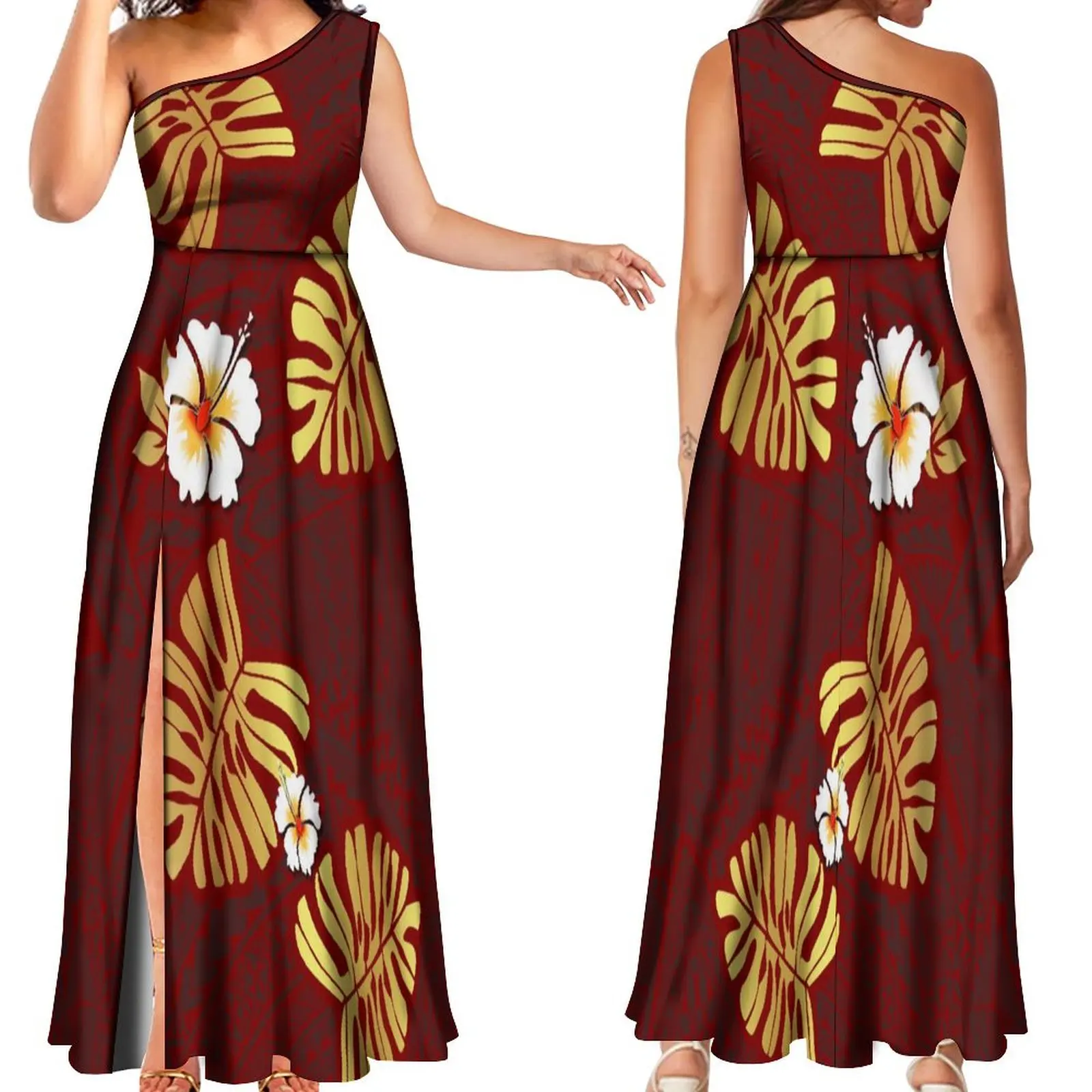 

Polynesian Island Style Custom Red Dress Women'S Off-The-Shoulder Slit Maxi Dress Hawaiian Party Sexy Evening Gown