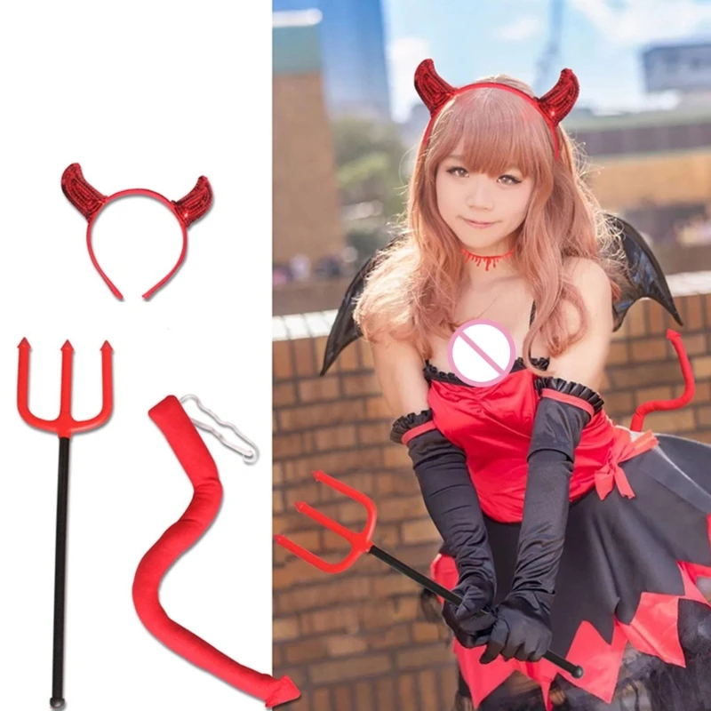 

Cartoon Devil Horns Scepter Hairband Choker Tail Set Cosplay Hair Accessories for Women Girls Kid Party Headband