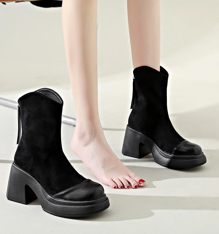 

Ботинки женские на плоской платформе, осенние ботинки с круглым носком и молнией сзади, женская зимняя обувь, сабо на молнии, резиновые женские ботильоны 2023 Rock