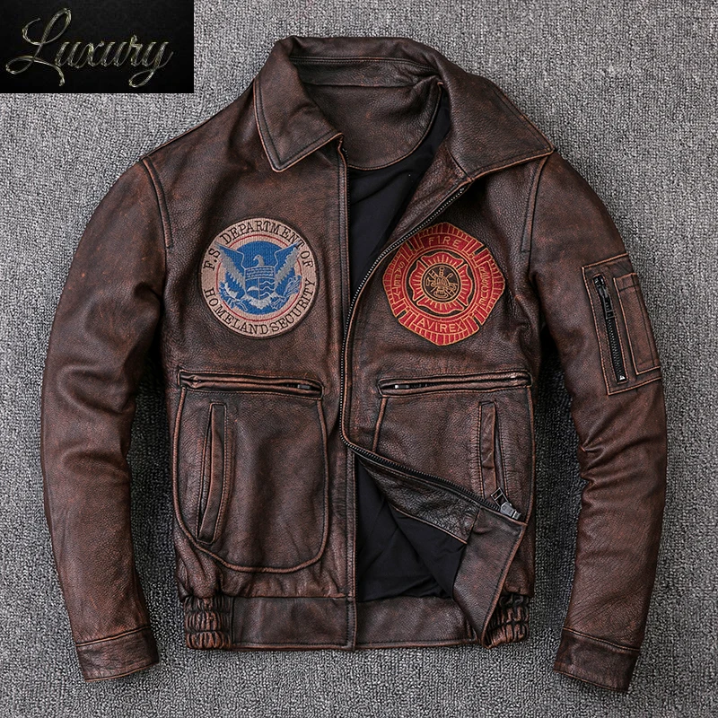 

Новинка 2024, куртка из натуральной кожи, винтажная коричневая мужская куртка-пилот в стиле милитари, летная одежда ВВС, размер женской одежды