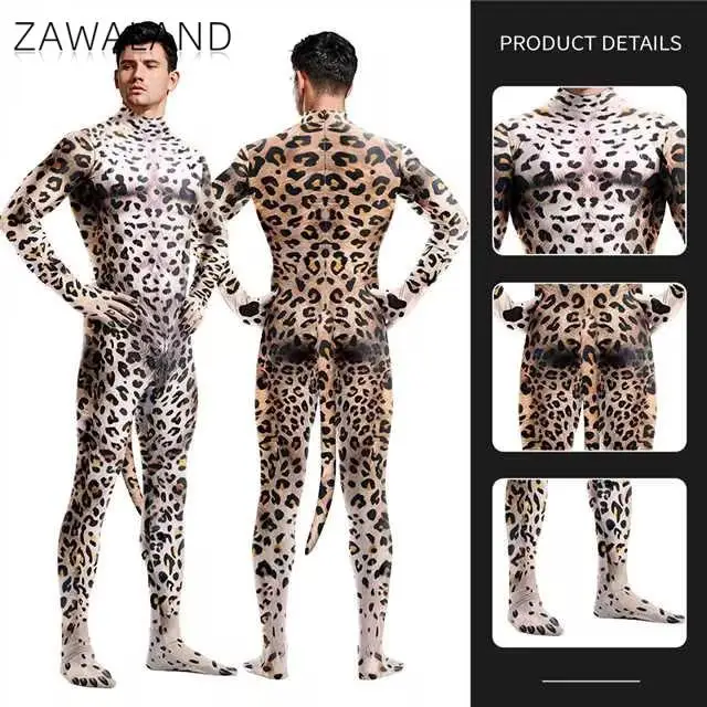 

Zawaland Cheetah Cosplay Costume with Tail Halloween Crotch Zipper Jumpsuits Man Woman Leopard Catsuit Animal Zentai Bodysuits