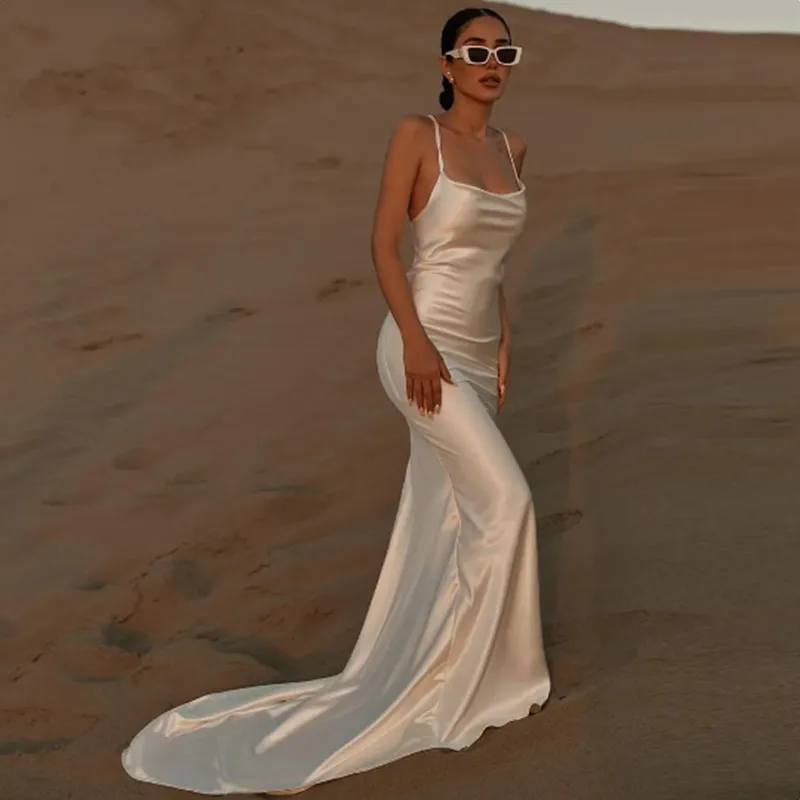 Винтажное атласное длинное платье Aleeshuo для выпускного вечера, вечерние наряды в стиле бохо на бретелях-спагетти, с открытой спиной, на шнуровке, вечернее платье до пола