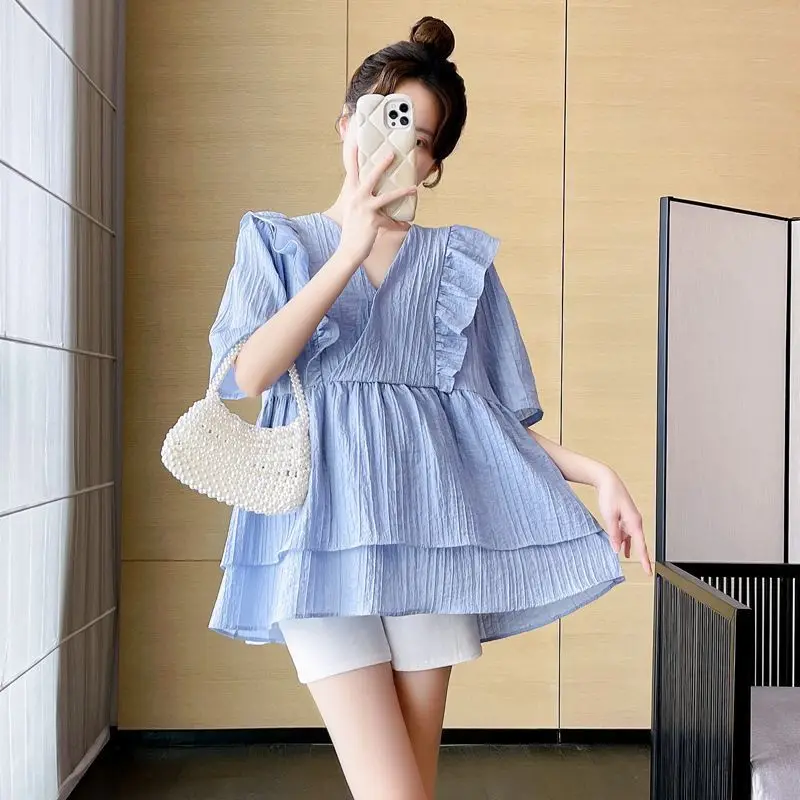 

Fashion V-Neck Short Sleeve Spliced Folds Ruffles Blouses Women's Clothing 2024 Summer New Loose Casual Tops Korean Shirts