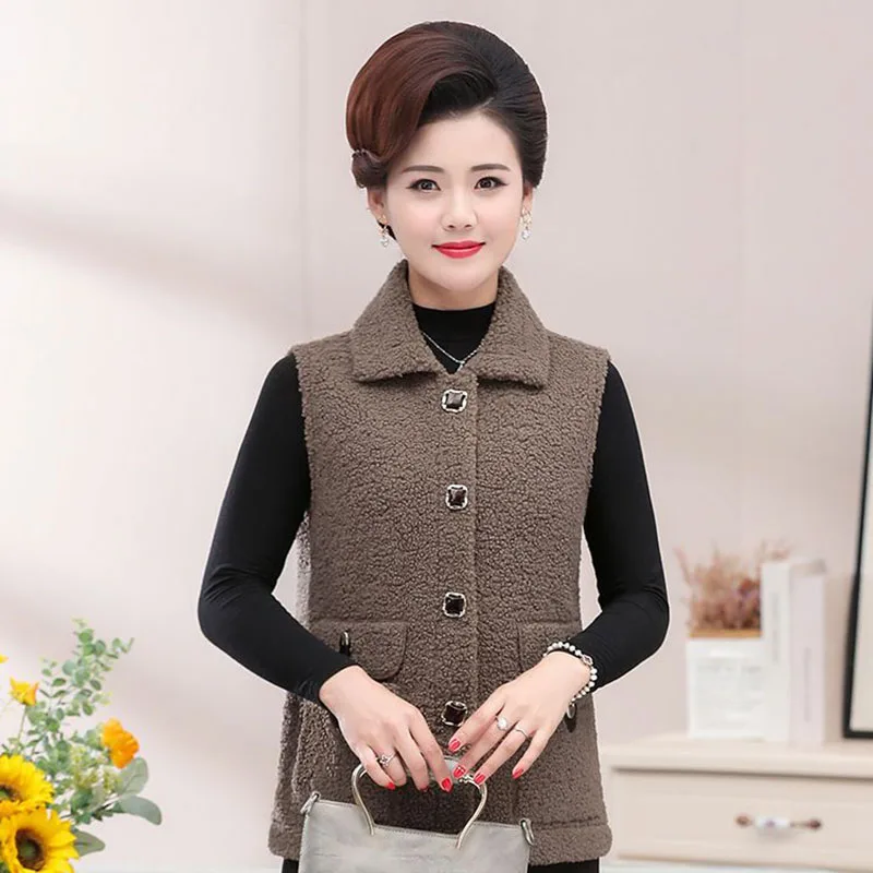 

Winter Middle Aged Women Lamb Fleece Vests Fashion Elegant Simplicity Warm Short Jacket Female Casual Thicken Sleeveless Coat