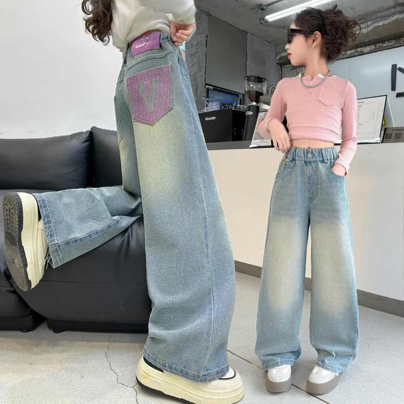 بنطلون جينز واسع الساق للفتيات بخصر مرتفع وطويل، ملابس أطفال عصرية متعددة الاستخدامات لفصل الخريف من ماركة يو بيجيا مع حزام مطرز بنطلون جينز واسع الساق للفتيات بخصر مرتفع وطويل، ملابس أطفال عصرية متعددة الاستخدامات لفصل الخريف من ماركة يو بيجيا مع حزام مطرز