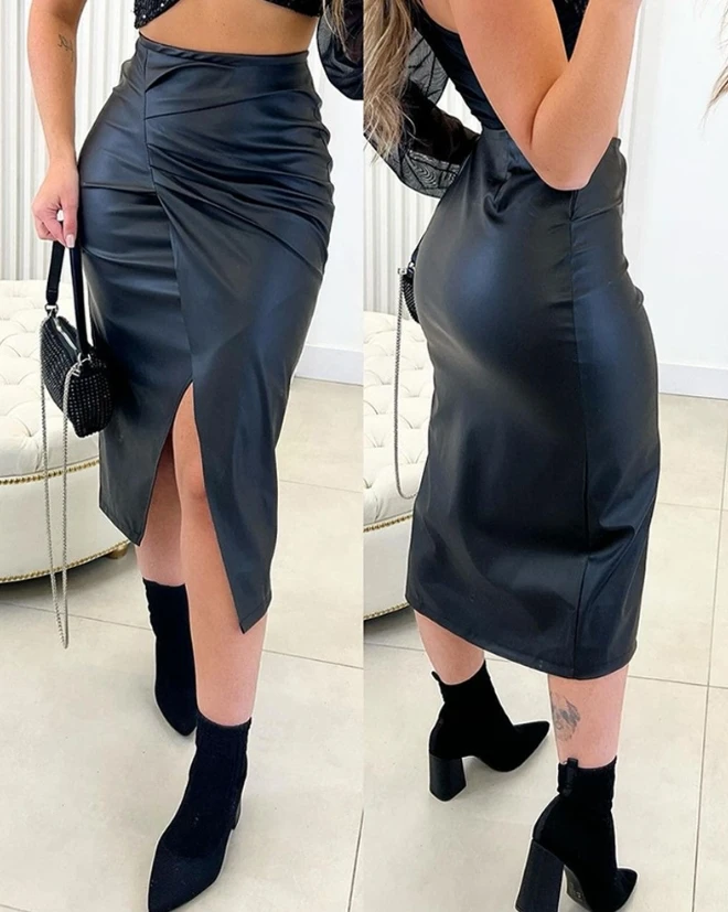

Skirts for Women 2024 Spring Fashion Pu Leather Slit Ruched Casual High Waist Plain Skinny Daily Mid-Calf Skirt Y2K Streetwear