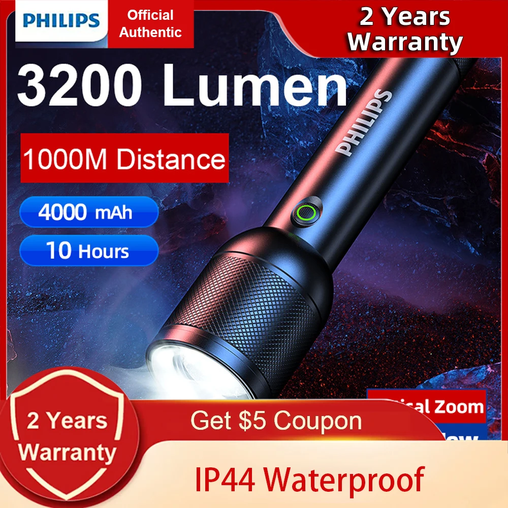 

Philips 3200 lumen LED Flashlight 1000m Portable Powerful Bright Flashlights Camping Lamp for Outdoor Hiking Self Defense