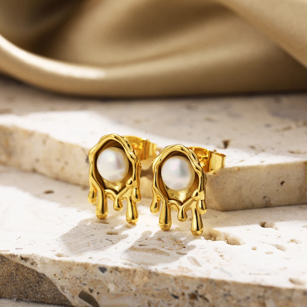 Creative Stainless Steel Gold Plated Stud Earring Personality Dripping Honey Freshwater Pearl Earrings for Women Fashion Jewelry 15 S8b2429bb3c7f4f7991f146dfd21fa843n
