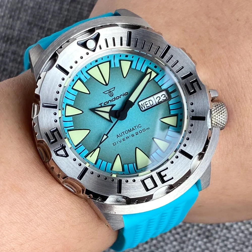 

200M Waterproof Dive Steel Monster Automatic Wristwatch Tandorio Swim Clock AR Sapphire Sunburst Sky Blue Dial SEIK NH36 Movt