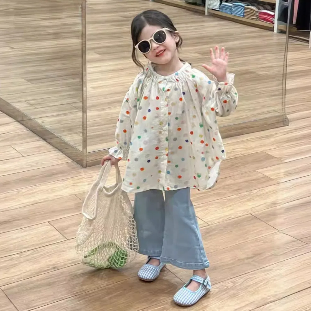 

Girls Set Korea Style 2024 spring New Polka Dots Multicolor Doll Shirt Flared Pants Two Piece Baby Fashion Kids spring Clothes