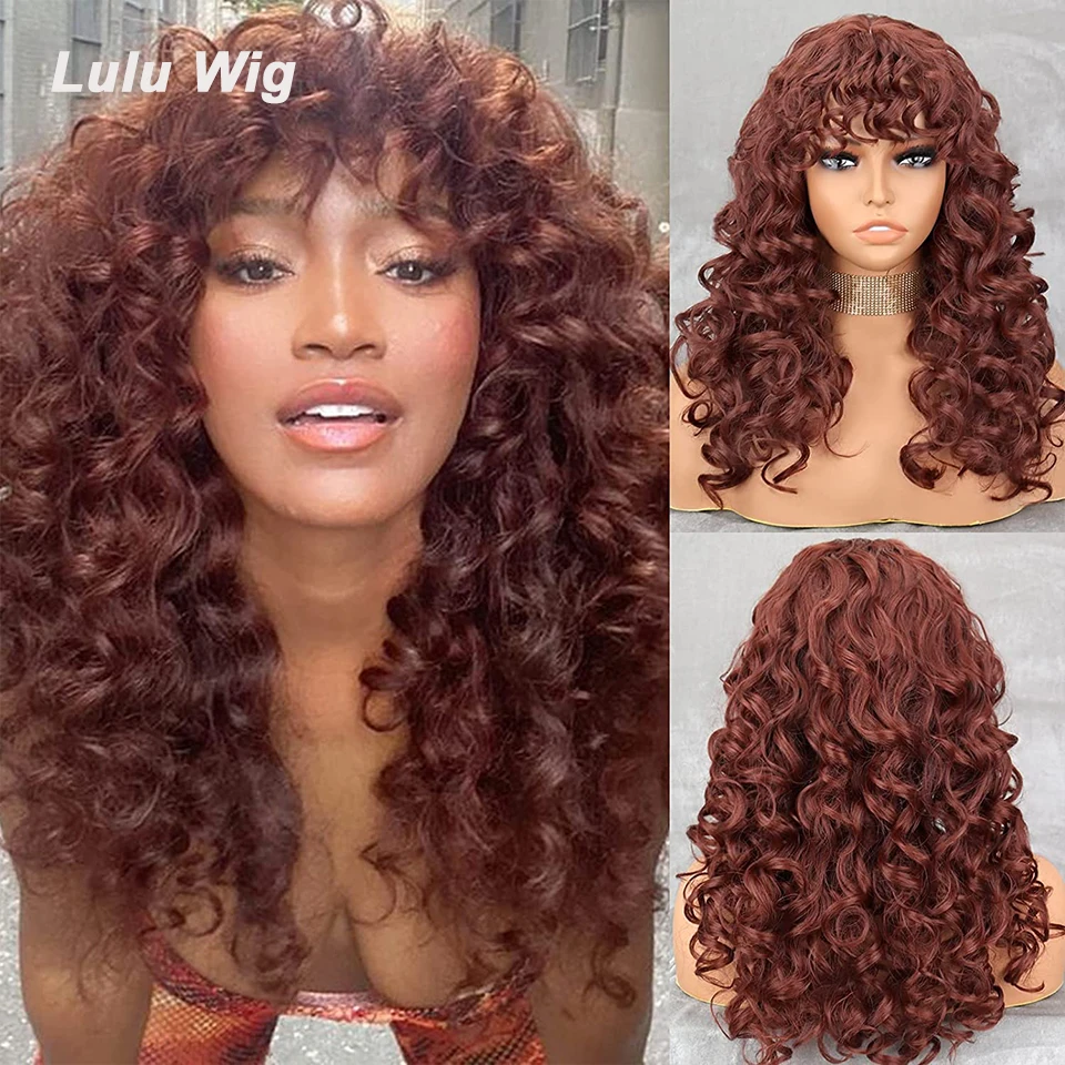 

Long Ginger Afro Wigs for Black Women, Fluffy Curly Wavy Auburn Wig with Bangs, Afro Kinky Curly Big Bouncy Wig for Daily Use