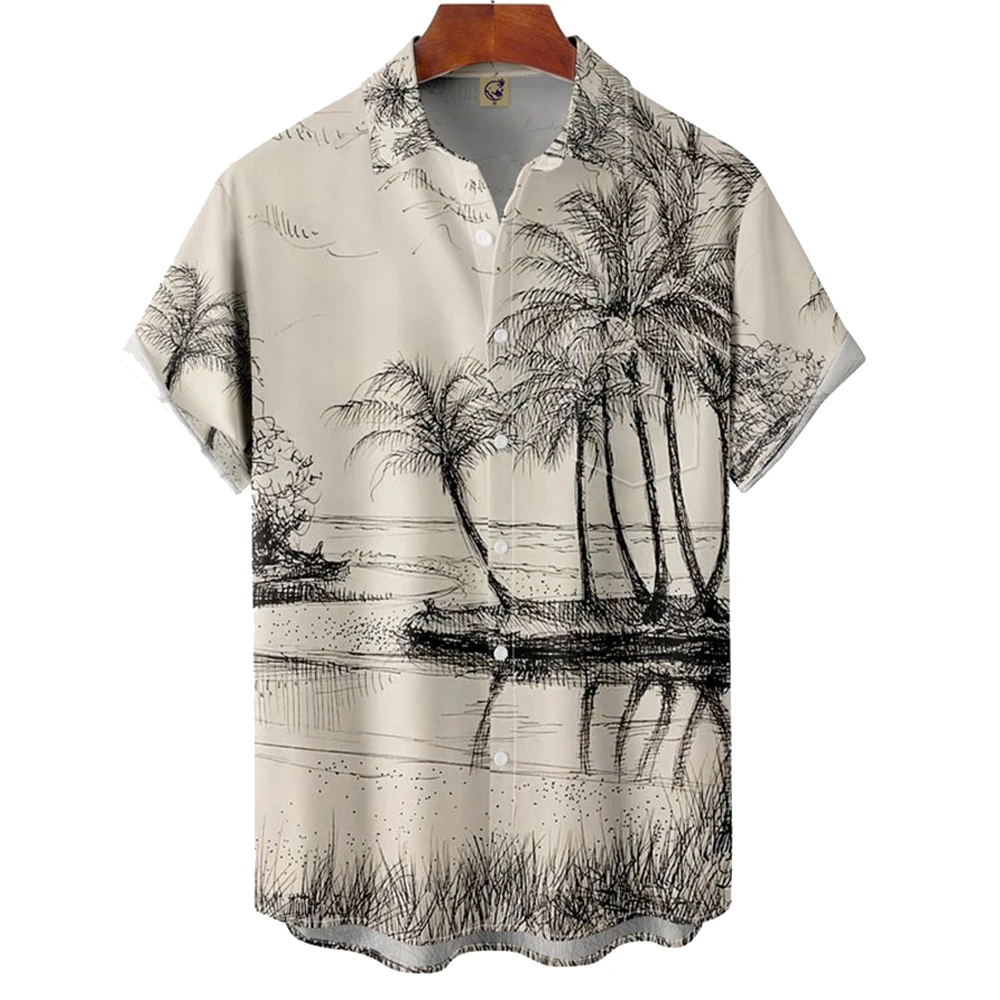 

Vintage Hawaiian Men's Shirt Slim Light Coconut Tree Print Short Sleeve Top Camisas Fashion Casual Beach Travel Shirts Blouses