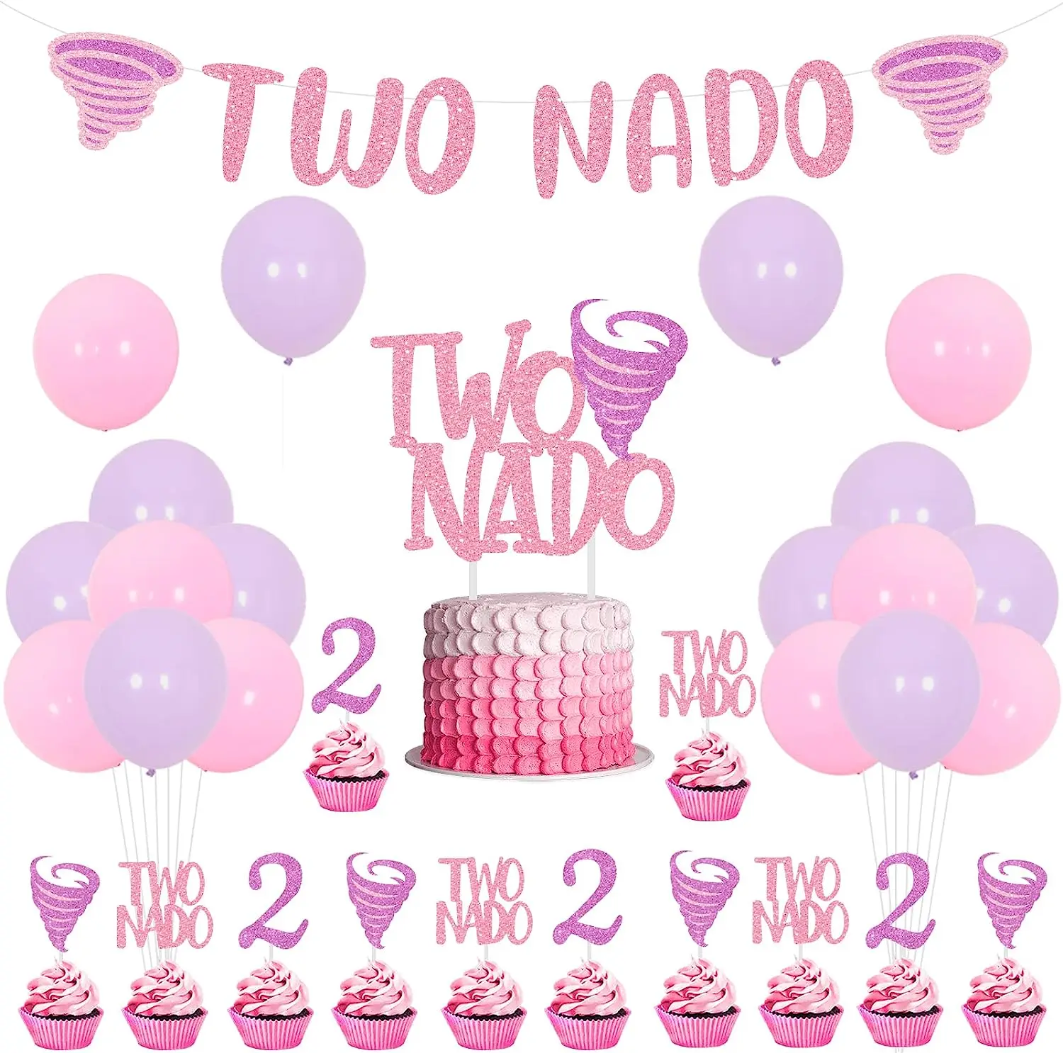 

Sursurprise-Pink Tornado Theme Party Decorations for Girls, 2 Nado Banner, Cake Cupcake Toppers, Balloons, 2nd Birthday