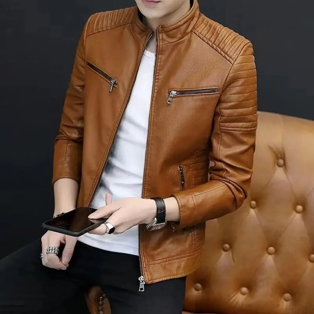 Men Faux Leather Jacket Men's Fleece-lined Stand Collar Jacket Winter Outwear with Pleated Shoulder Zipper Placket Pockets Faux
Men Faux Leather Jacket Men's Fleece-lined Stand Collar Jacket Winter Outwear with Pleated Shoulder Zipper Placket Pockets Faux