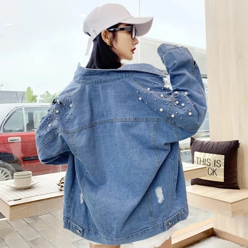 

Женская джинсовая куртка, новинка 2023, Демисезонная женская ветровка, Корейская свободная универсальная куртка, пальто, Длинная женская верхняя одежда, джинсовое пальто