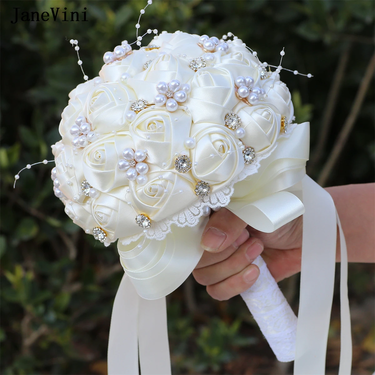 

JaneVini Elegant Ivory Bridal Brooch Bouquets Pearls Crystals Artificial Satin Roses Bridesmaid Bride Bouquet Flower for Wedding