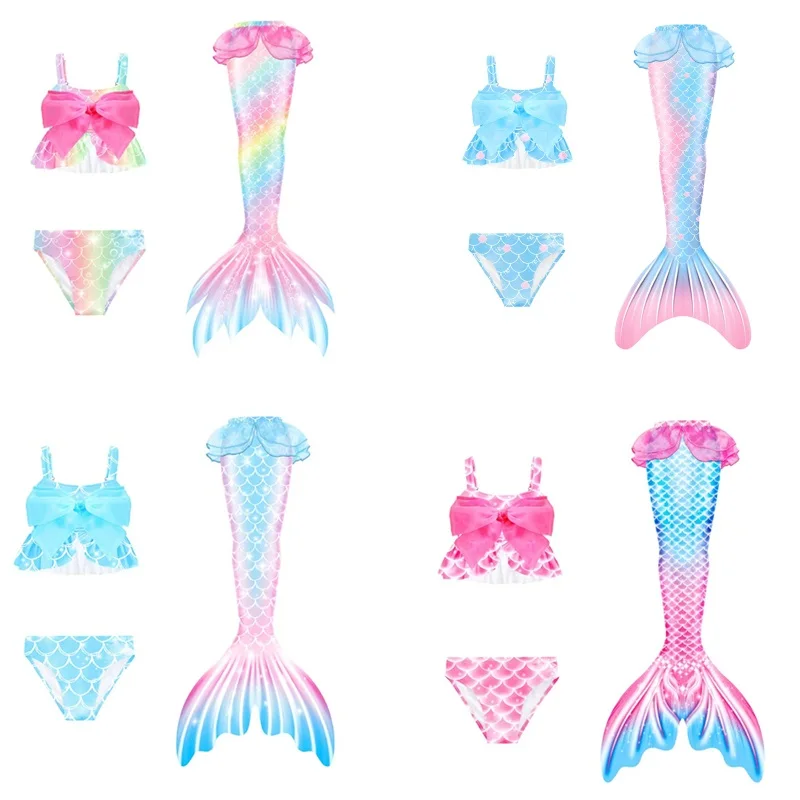 

Ruffled Mermaid Tail Swimming Sets Mesh Bow Girls Swimsuits 3PCS Children Swimwear Beachwear Dresses Clothes for Kids