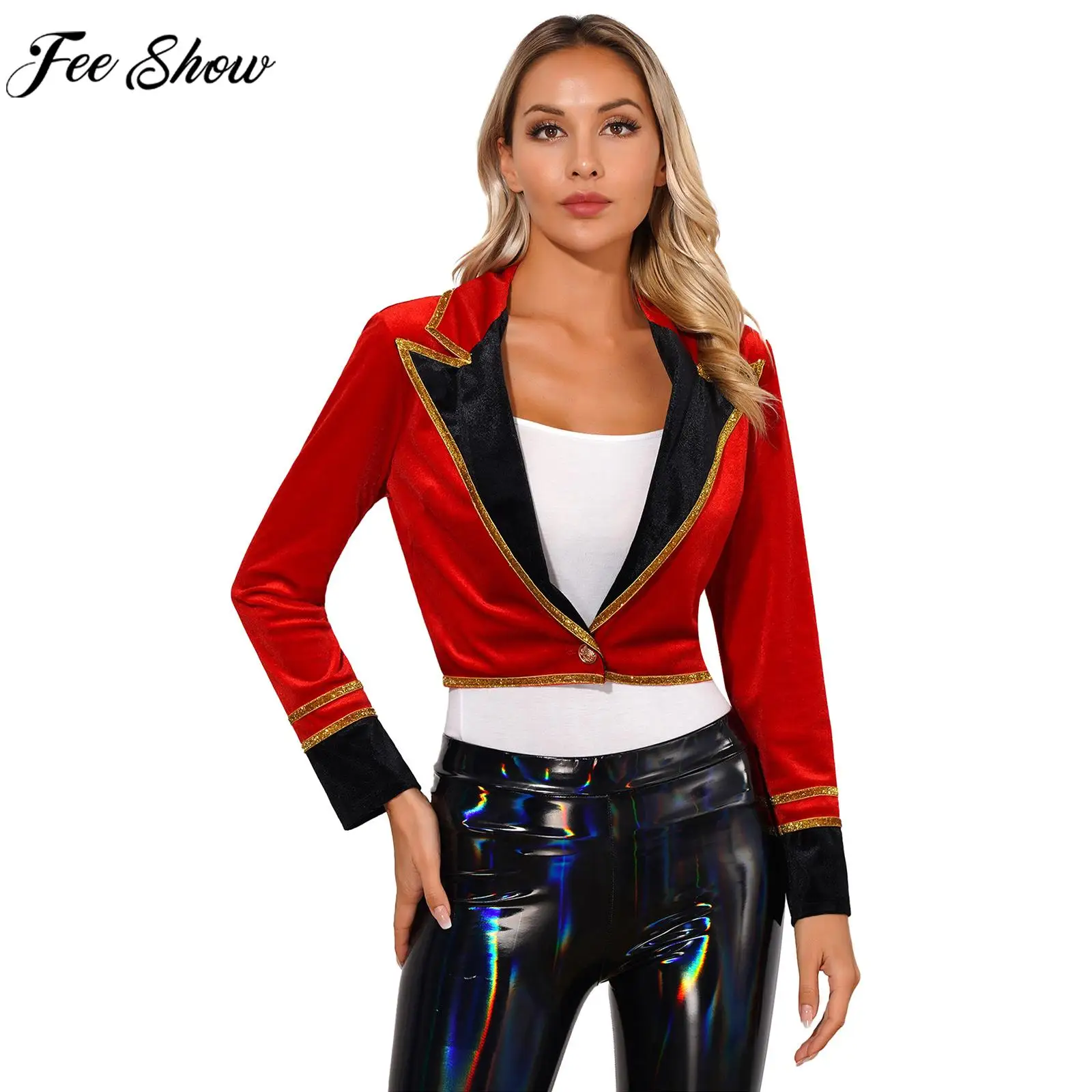 Womens Halloween Circus Ringmaster Showman Cosplay Performance Costume Long Sleeve Velvet Jacket Outerwear for Carnival Party
Womens Halloween Circus Ringmaster Showman Cosplay Performance Costume Long Sleeve Velvet Jacket Outerwear for Carnival Party