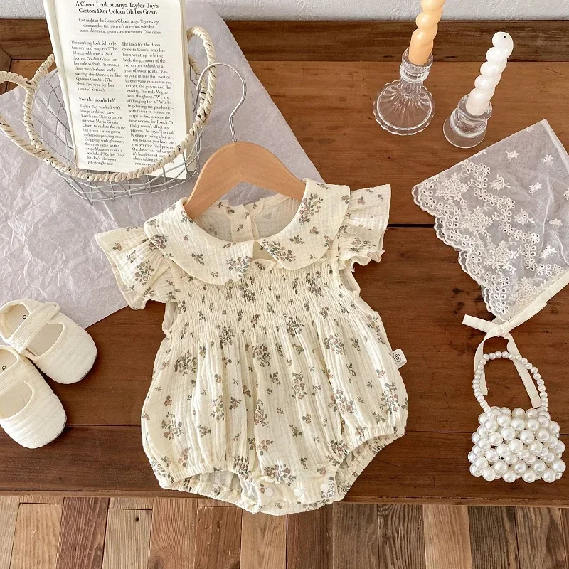 

Baby Girl Flower Romper 0-2Years Newborn Princess Fly Sleeve Peter Pan Collar Elastic Cotton Bodysuit One-Pieces Summer Clothes