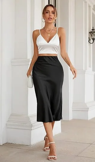 

Womens Midi Skirts 2024 Summer Dressy Casual High Waisted Ruffle A Line Silk Satin Skirts mini skirt flowy maxi