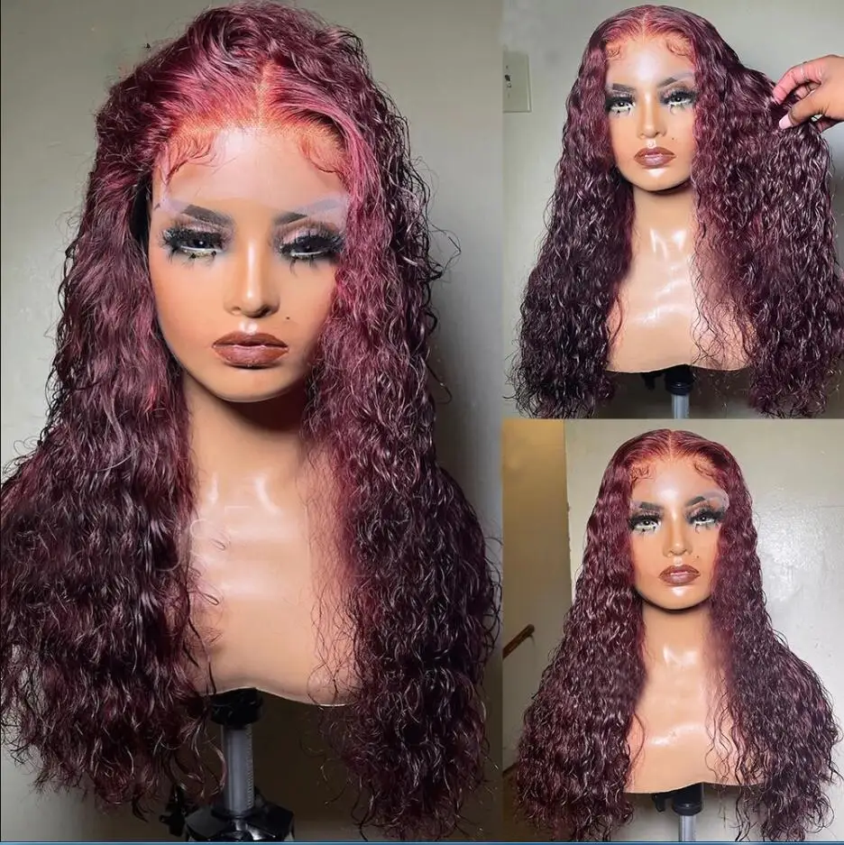 

Natural Preplucked 26inch 180 Density Long Burgundy Glueless Kinky Curly Lace Front Wig For Women Baby Hair Long Heat Resistant