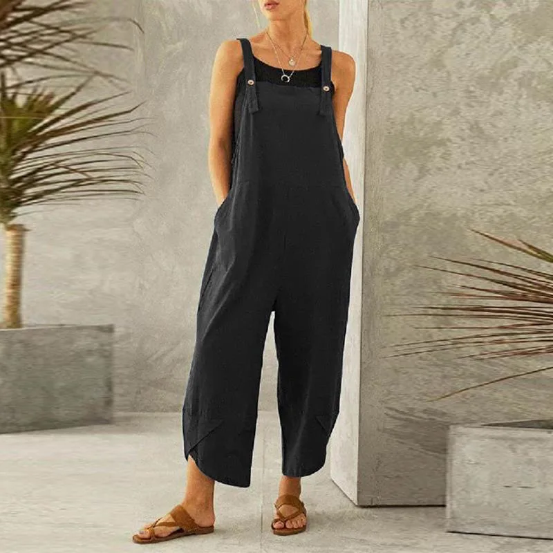

Women Casual Jumpsuit Summer Solid Loose Wide Leg Pants Bib Overalls Fashion Pocket Sleeveless Strap Baggy Streetwear Rompers