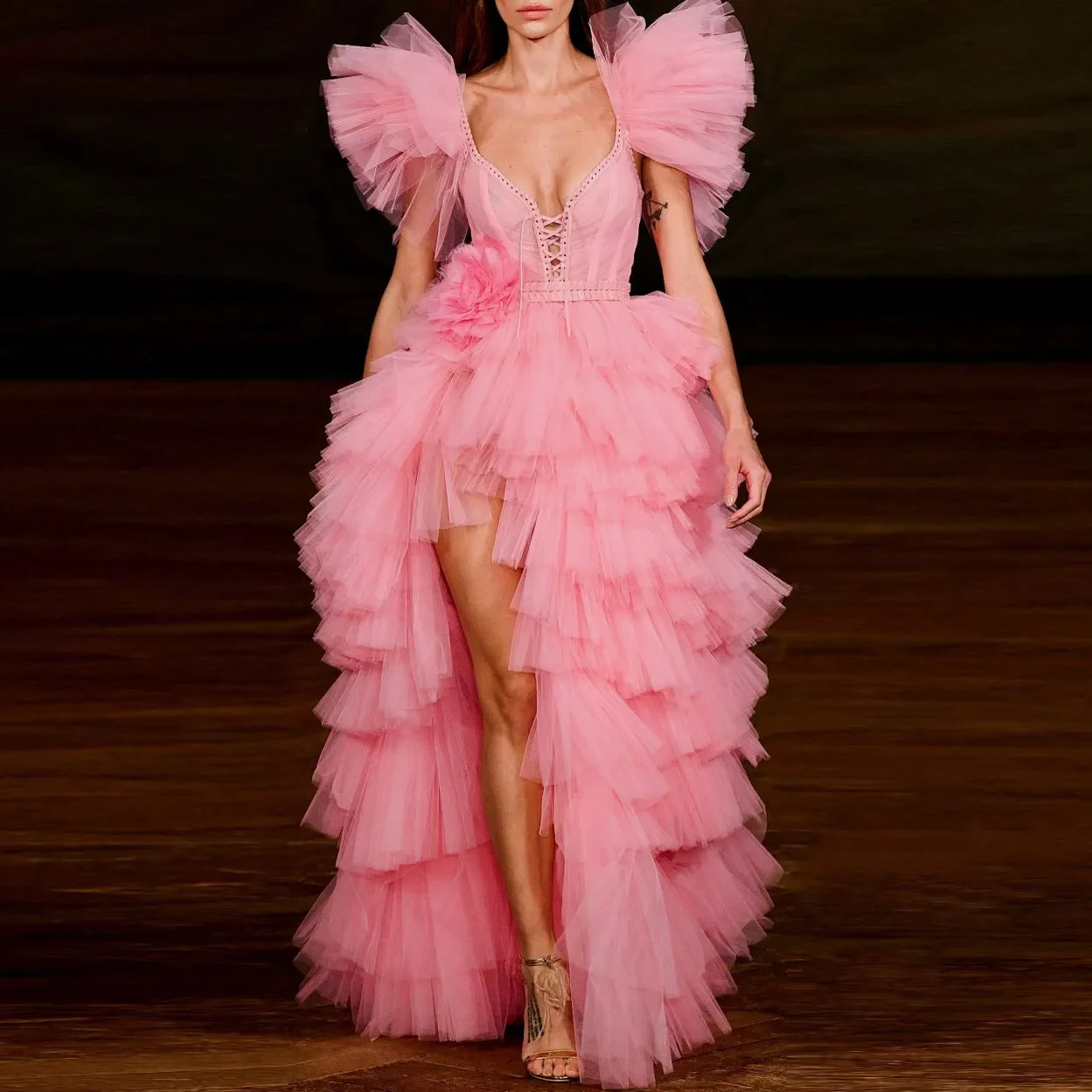 

KSDN шикарное розовое вечернее платье с коротким рукавом-фонариком с разрезом по бокам Тюль в несколько рядов длиной до пола с V-образным вырезом милое официальное платье для вечеринки