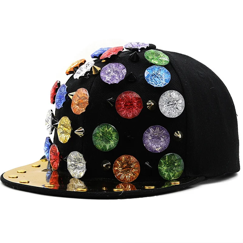 

rivet 25 style Diamonds handmade snakeskin leather luxury brand snapback for women men black stage baseball cap Boy Hip Hop hats