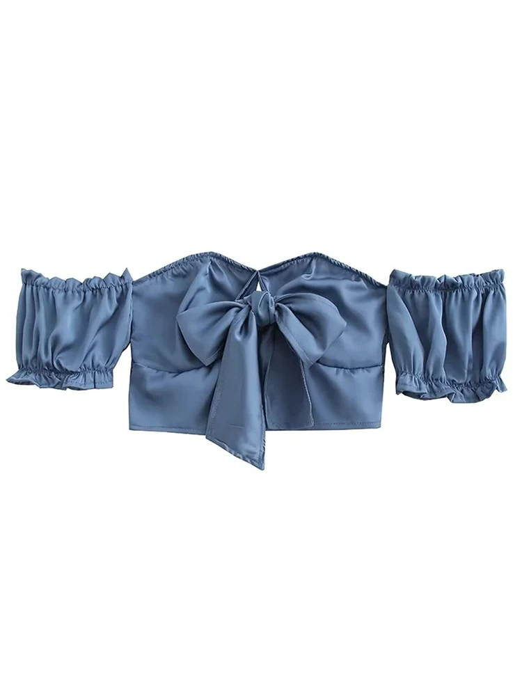 Chic Lady Summer Strapless Short Sleeve Blue Tops Girls Elegant Slash Neck 2023 New Blouse Women Elasctic Back Casual Bow Tops
Chic Lady Summer Strapless Short Sleeve Blue Tops Girls Elegant Slash Neck 2023 New Blouse Women Elasctic Back Casual Bow Tops