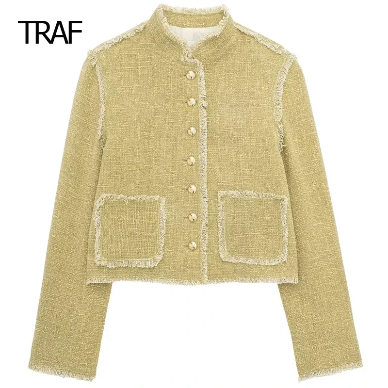 

TRAF Cropped O-Neck Long Sleeves Top Women's Coats Spring 2024 Textured Frayed Coat New In Outwears Luxury Designer Lady Coats