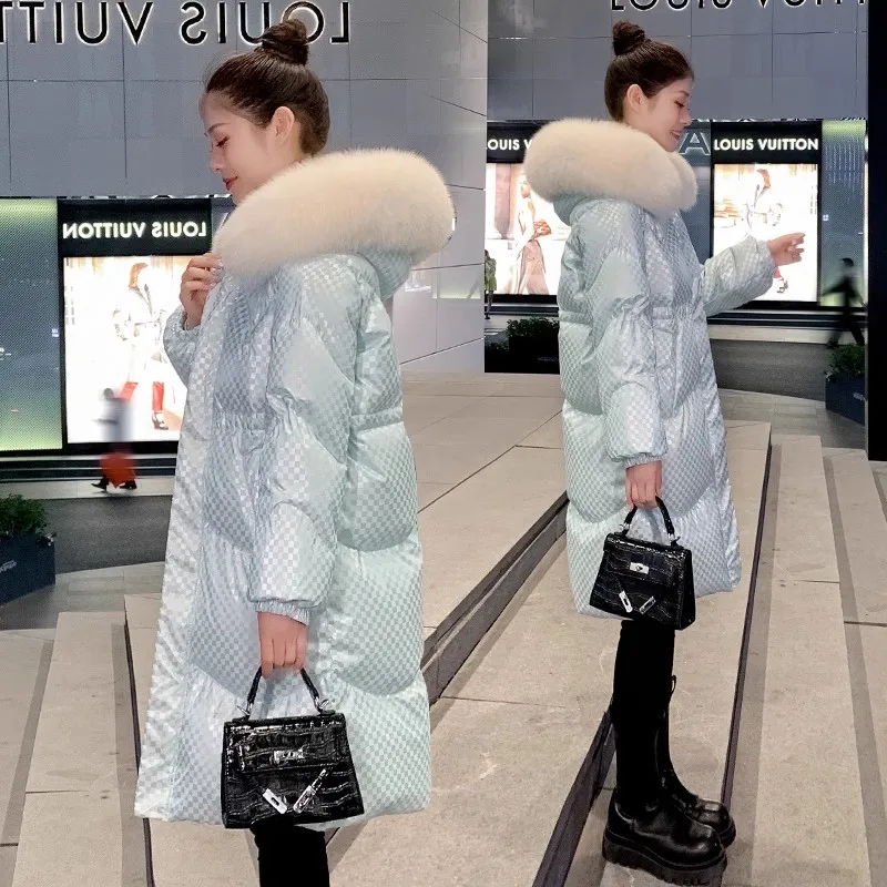 

Glossy down Jacket Women's clothing 2024 Winter White duck down Big furry collar Hooded Thicken Coat Female Warm Parka Overcoat