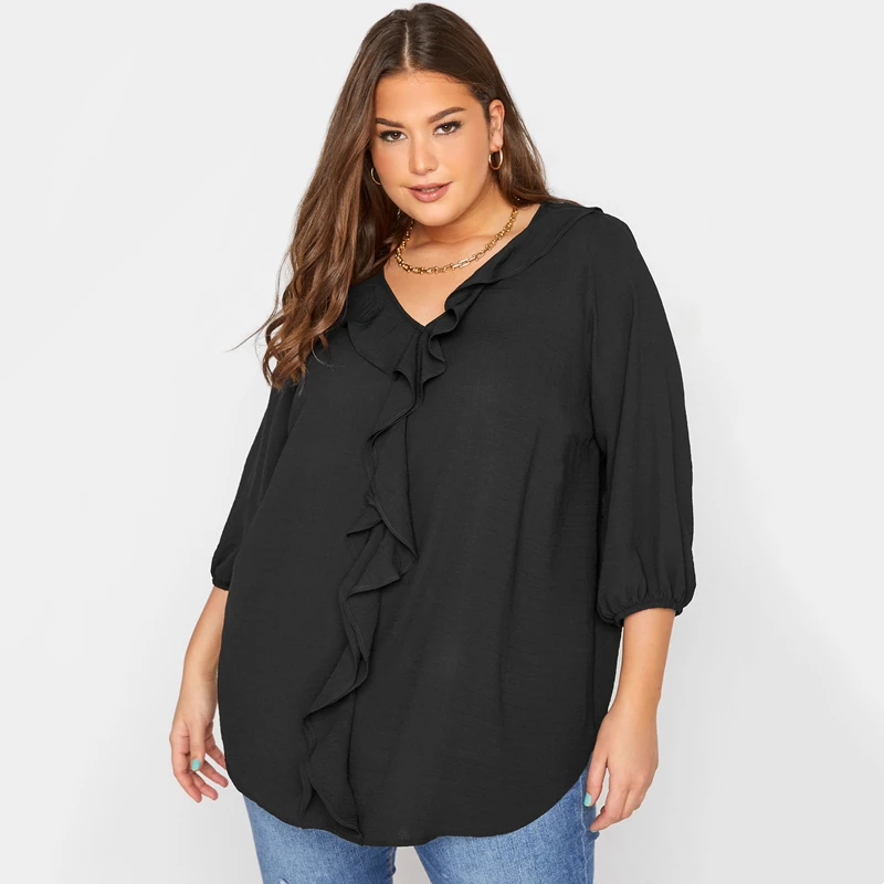 

Plus Size Sexy V-neck Summer Spring Elegant Chic Blouse Women Frill Ruffle 3/4 Sleeve Casual Black Tunic Top Large Size 6XL 7XL