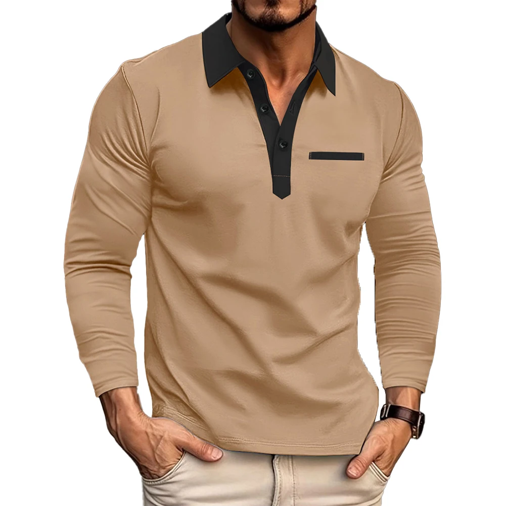 

Autumn T Shirt T Shirt Top Brand New Vacation Casual Colorblock Holiday Lapel Long Sleeve Male Polyester Regular