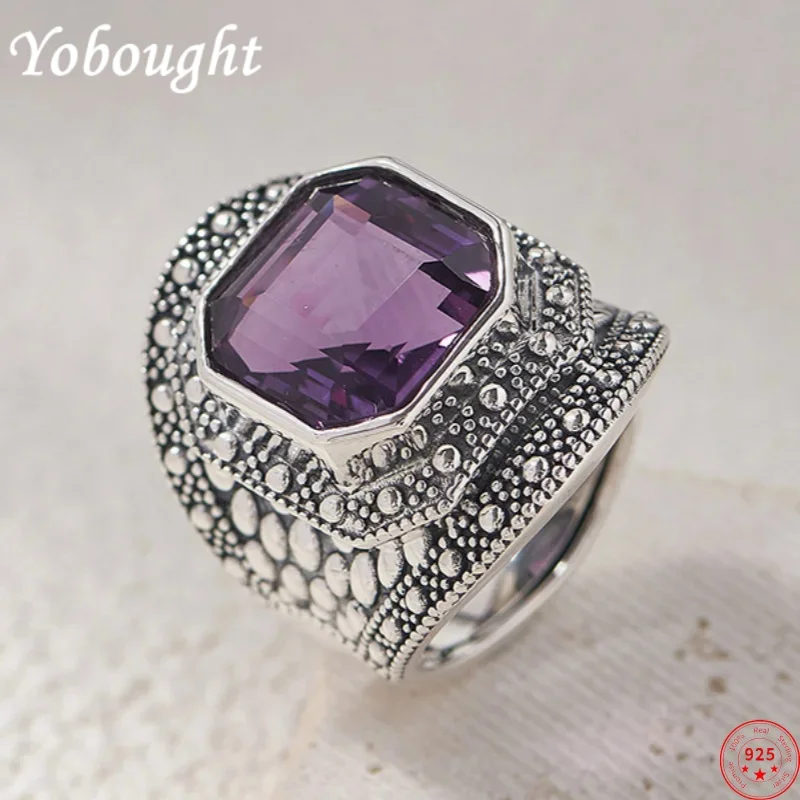 

S925 sterling silver charms rings for women men new fashion Ancient Totem Square natural amethyst punk jewelry free shipping