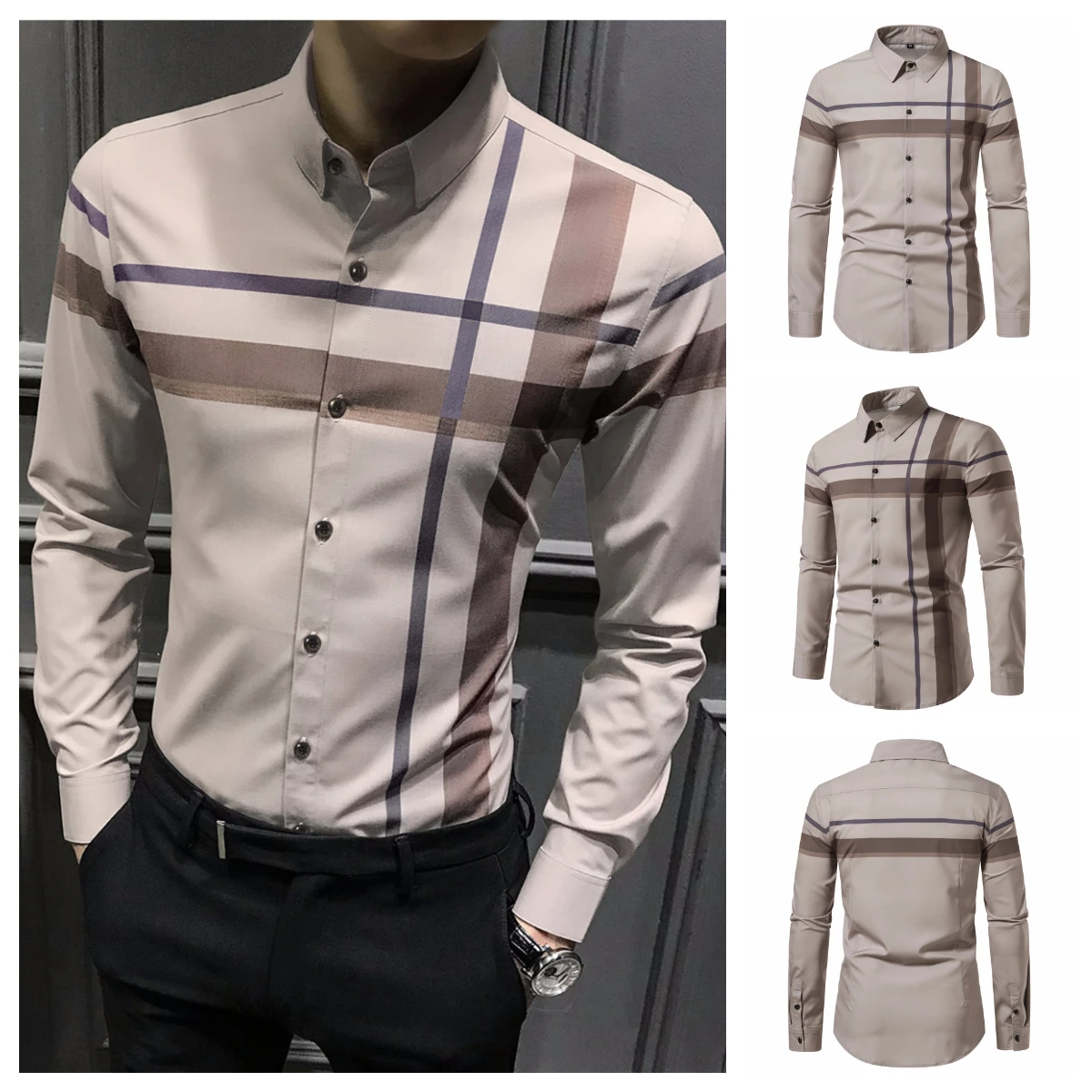 

2023 New Spring and Summer Men Clothing Men's Long Sleeve Three Color Stripe Khaki Lapel Business Casual Thin Shirt Men's Top