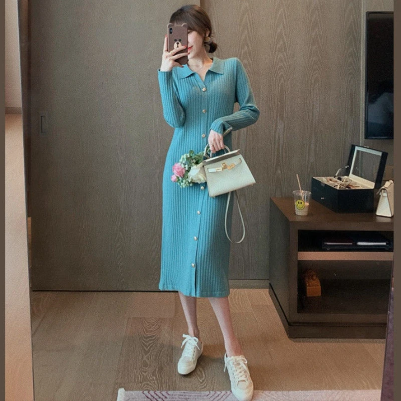 

Sexy Autumn Knit Dresses for Women Birthday 2022 Midi Winter Party Gala Women's Sweater Knitted Loose Dress Blue Korean Fashion