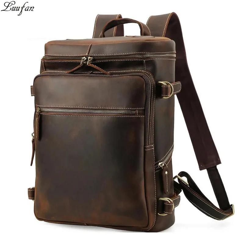 

Leather Men's Travel Backpack Crazy Horse Genuine leather Large Fit 15.6" Laptop Rucksack Student School Bag Big Daypack