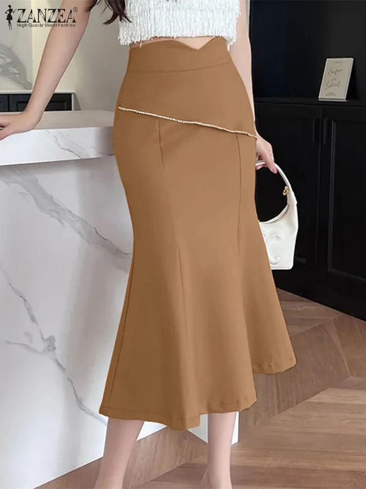 

Юбка ZANZEA женская с завышенной талией, винтажная однотонная модная кружевная облегающая юбка-годе с запахом, миди-юбка-русалка, 2023