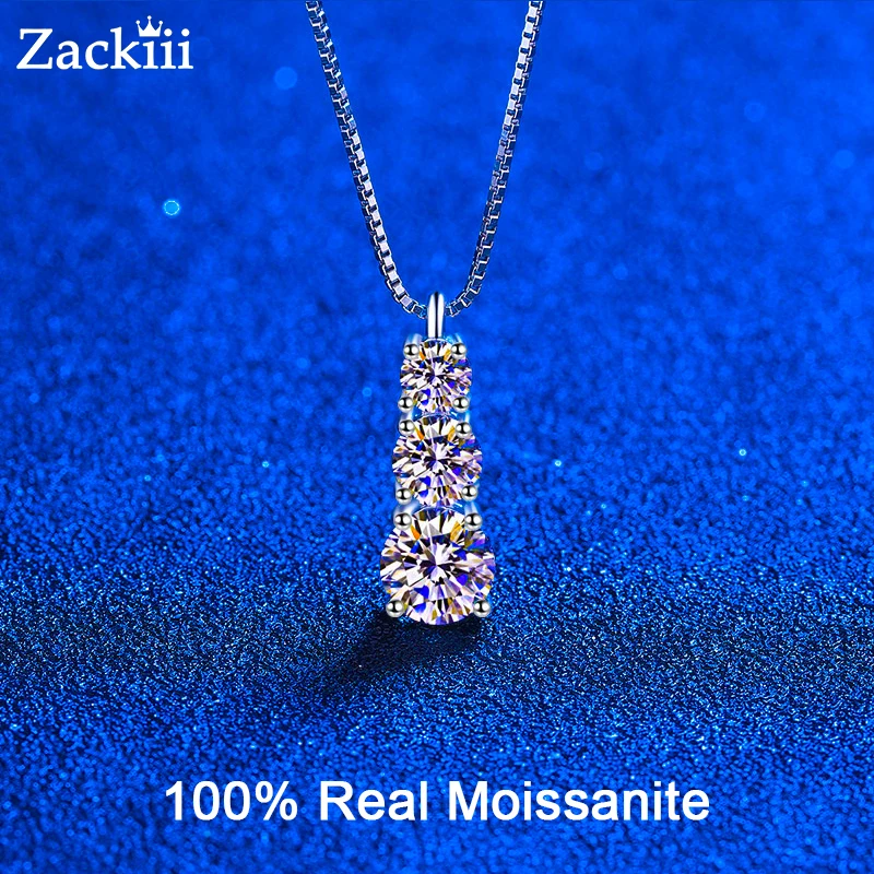 

3 Stones Moissanite Pendant Necklace Rhodium Plated Solid Sterling Silver Necklace For Women Gift GRA Certified Jewelry Sets