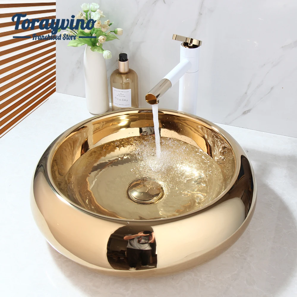

Torayvino Bathroom Wash Basin Faucet Set Golden Plated Ceramic Round Countertop Washroom Vessel Vanity Sink Mixer w/ Drain