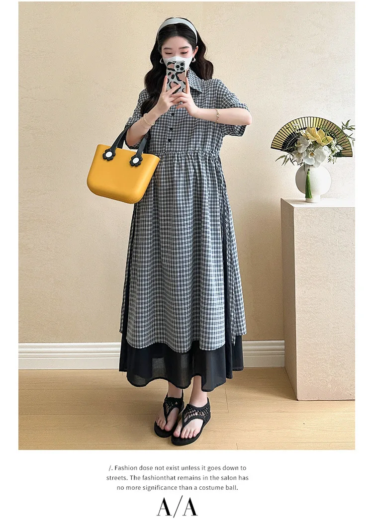 Summer Maternity Dress: Fashionable Checkered Fake Two-Piece Shirt Dress - Stylish & Comfortable Pregnancy Wear for Trendy Moms 3 S8b5a2c8578474a5392d58b535199e886U