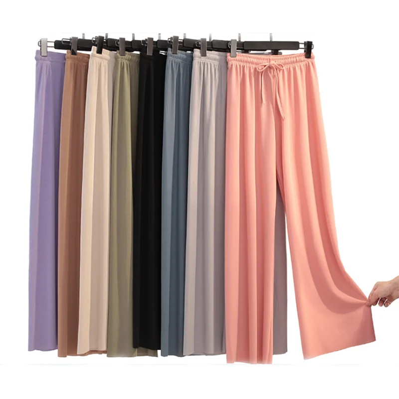 

Women's Ice Silk Wide-legged Pants Summer High Waist Feeling Gift Students Nine Points Straight Skirt Thin Long Trousers Colors