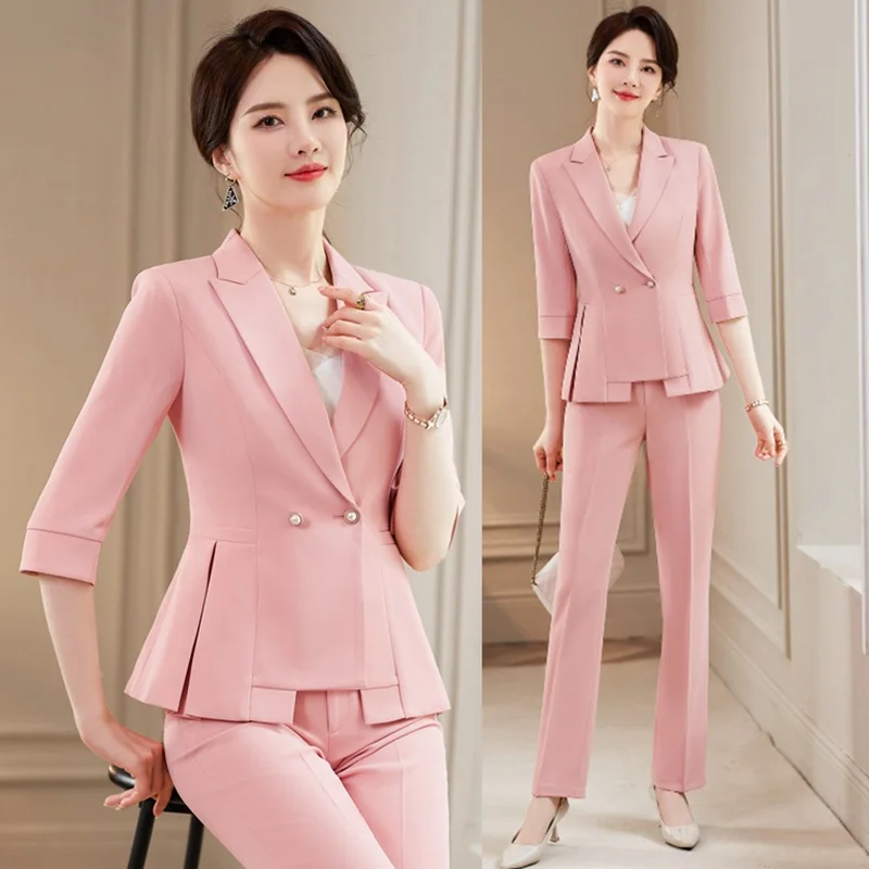 

2023 Spring and Summer Three-Quarter Sleeve Double-Breasted Design Sense Niche Suit Female Thin Fashion Temperament Front Desk F