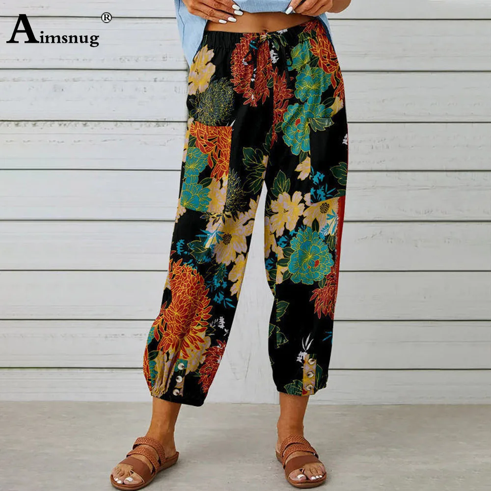 

Women Bohemian Flower Print Harem Bloomers 2024 New Summer Casual Loose Elastic Waist Pocket Pants Female Calf-Length Trousers