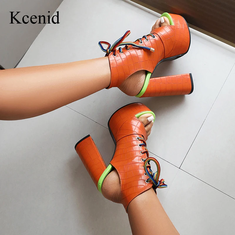

Kcenid 2023 Fashion Lace-up Mixed Colors Sandals Women Shoes Platform Sexy High Heels Summer Shoes Peep Toe Chunky Sandals