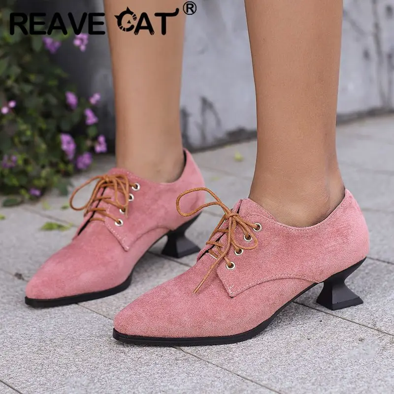 

REAVE CAT Design Concise Women Pumps Pointed Toe Strange Heels Lace Up Flock Suede Large Size 48 Soft Leisure Daily Female Shoes