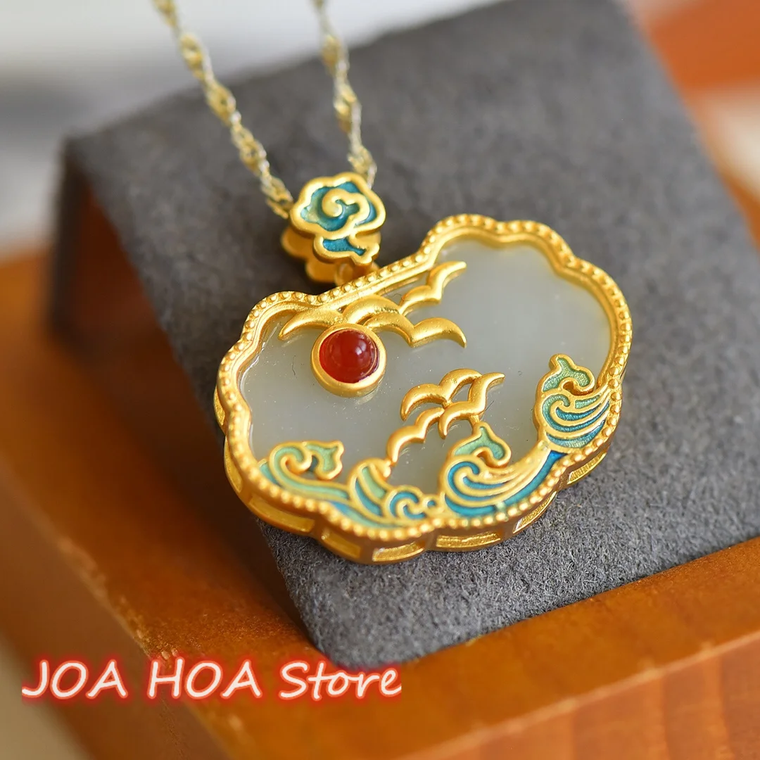 

Exquisite Complex Ancient Craftsmanship Silver Inlaid Hetian Jade Tar Ruyi Lock Cloisonne Flat Fashion Pendant Necklace Jewelry