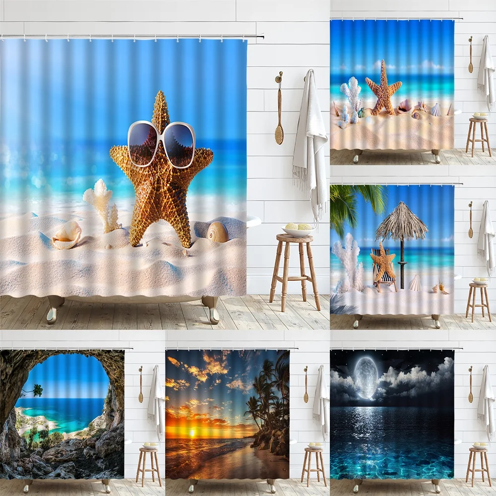 

Summer Sea Beach Shower Curtain Waterproof Polyester Fabric Blue Ocean Starfish Conch Seashell Bath Curtains Bathroom Decor Home